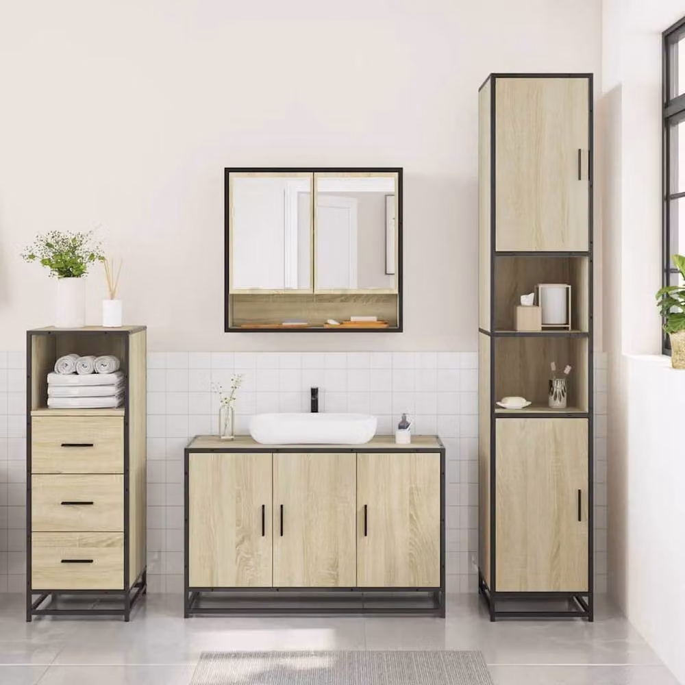 Berkfield Home 3 Piece Industrial Bathroom Furniture Set in Sonoma Oak and Beige – 2