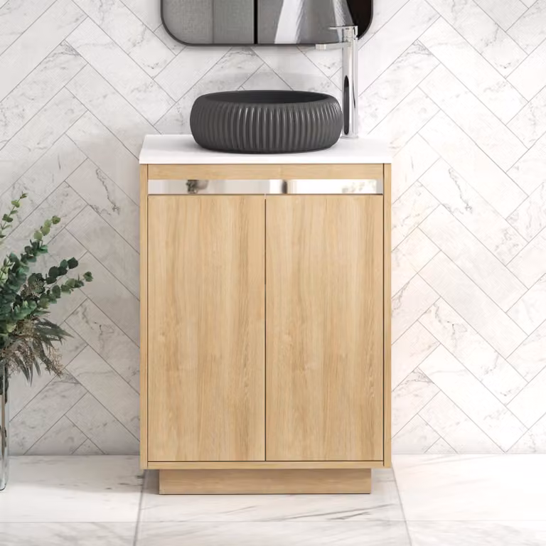 Royal Bathrooms Orion 600mm Natural Oak Floor Standing 2 Door Vanity Unit with Milan Black Basin and Chrome Accent Trim