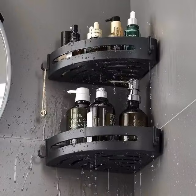 VOGREX Black Matt Aluminium Corner Shower Shelf with Suction Cup Wall Mount and Drainage – 1