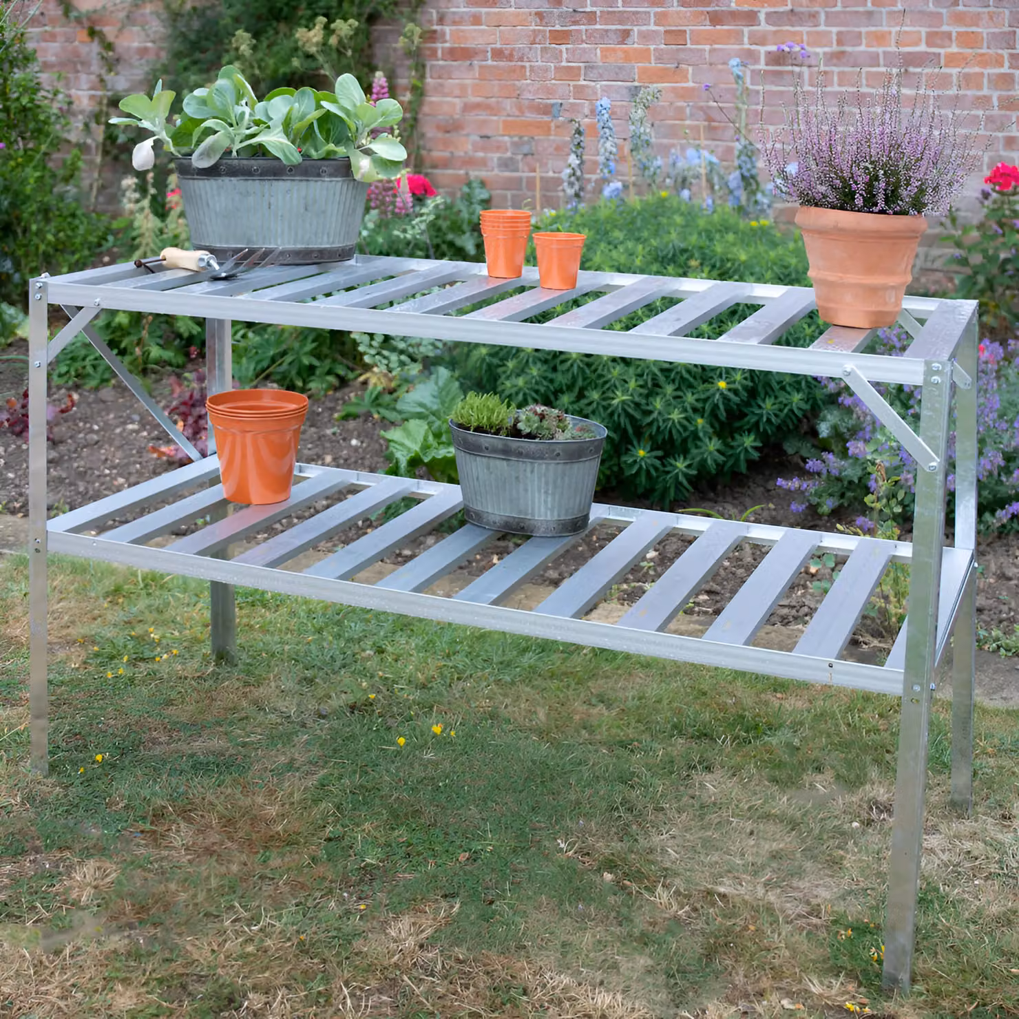 Primrose Traditional 2 Tier Greenhouse Staging Shelf Workbench in Silver W: 120 cm, D: 50 cm – 2