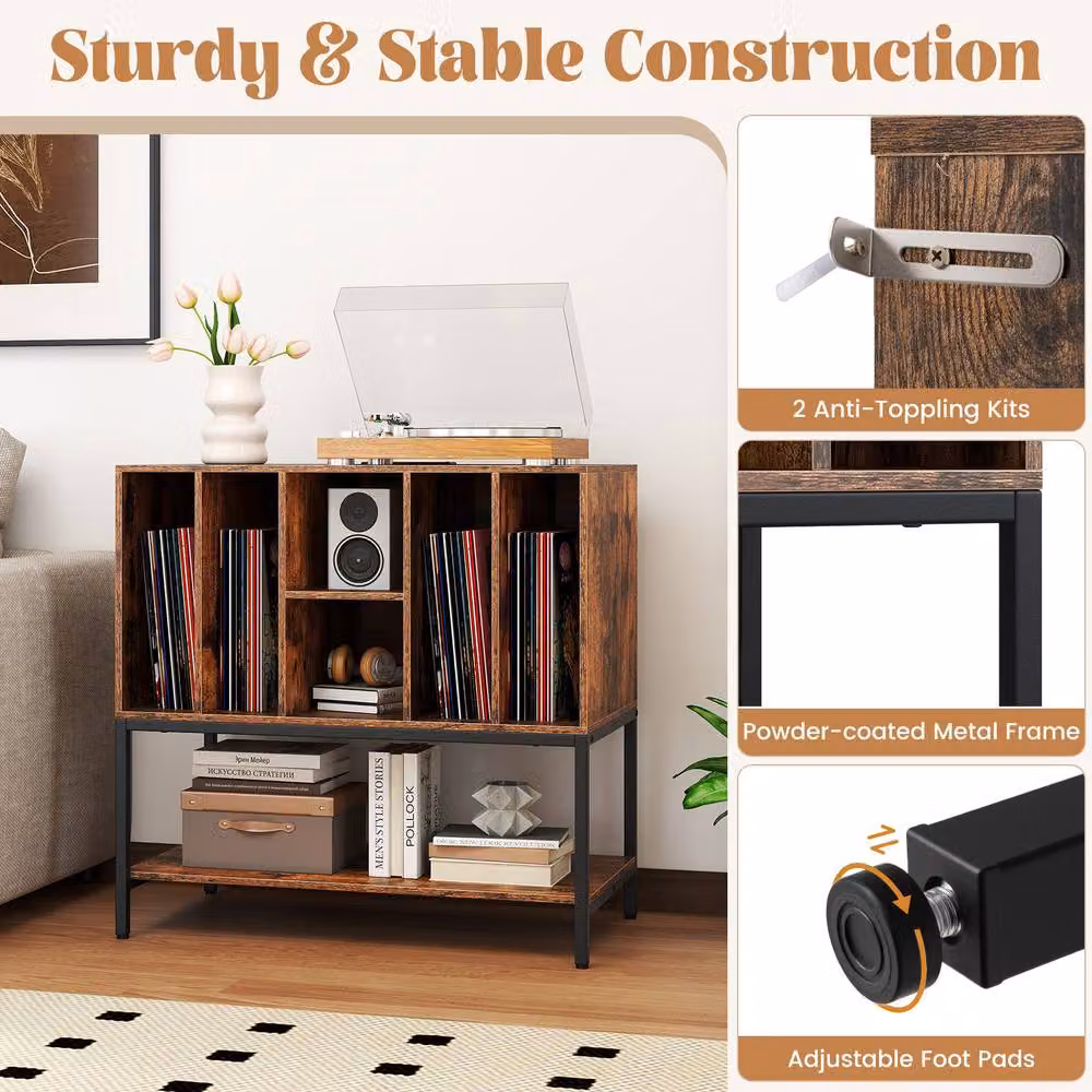 Costway Industrial Record Player Stand and Turntable Table with Charging Station in Brown – 4