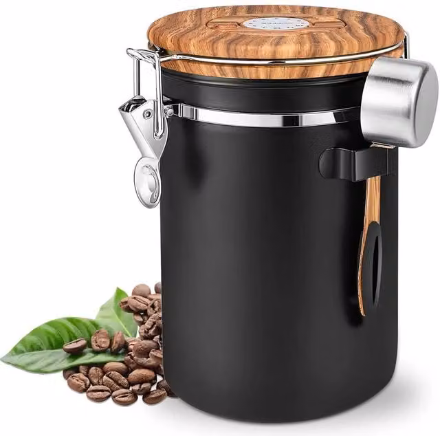 KORVIXA Airtight Stainless Steel Vacuum Coffee Canister, Black, 1.8 l