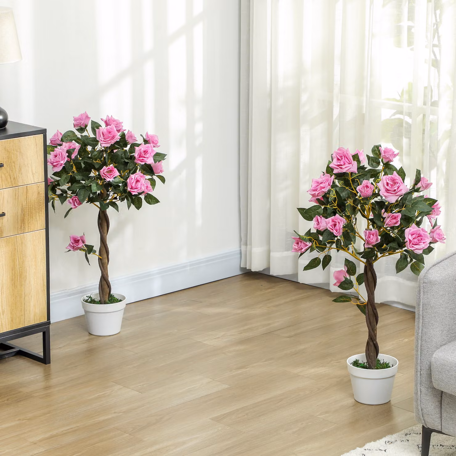 Outsunny Set of 2 Artificial White, Purple and Pink Rose Floral Plants in Pots, Height: 90 cm – 2