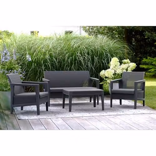 Keter Atlas Linea 4-Seater Outdoor Lounge Set in Grey, featuring a 3-seater sofa, 2-seater sofa, armchair, and coffee table with UV-resistant cushions – 2