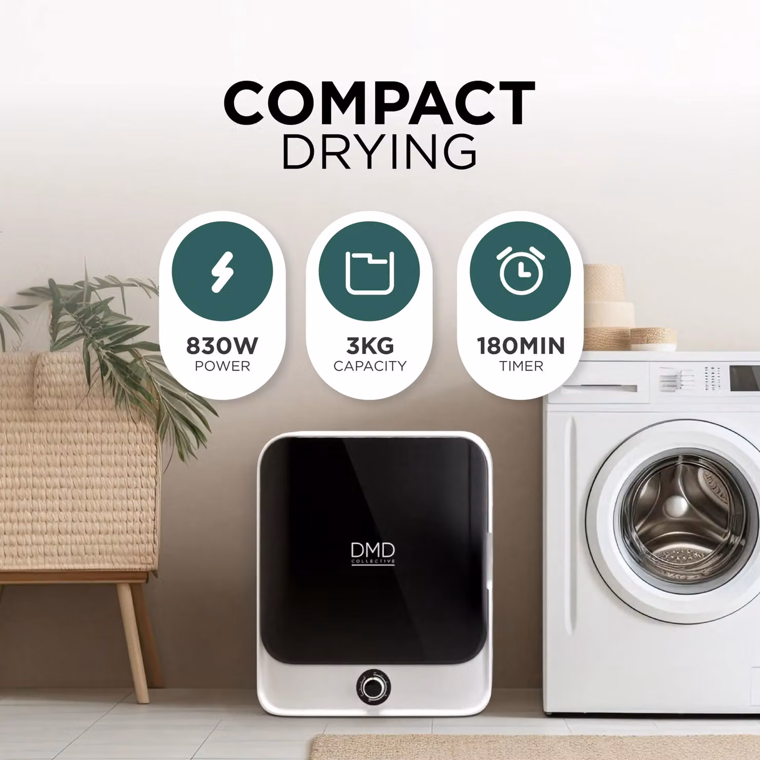 DMD Collective 3kg Mini Compact Vented Tumble Dryer, 830W, 5 Modes, White, Freestanding or Wall Mounted – 3