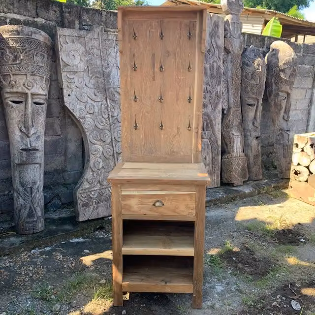 KDMK Bali Rustic Upcycled Teak Display Stand with Hooks and Storage in Brown