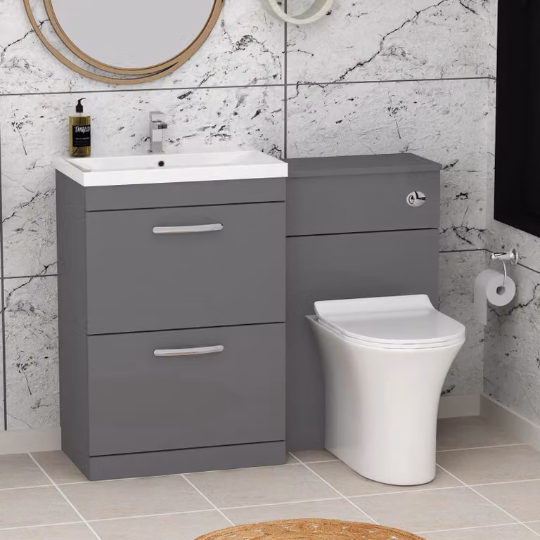 Royal Bathrooms Indigo Grey Gloss 2 Drawer Furniture Pack with Mid Edge Basin and Slim Breeze Back to Wall Toilet, Width: 110 cm