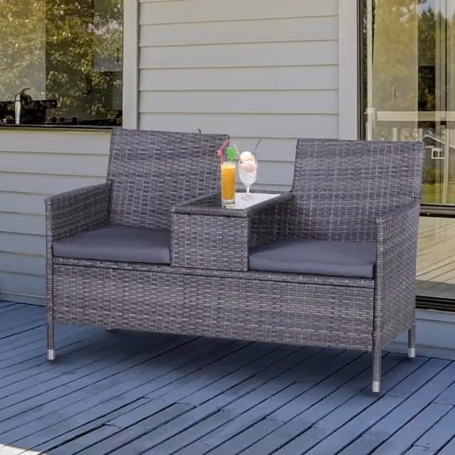 Chilli Seating Grey Rattan 2 Seater Outdoor Garden Bench with Centre Table
