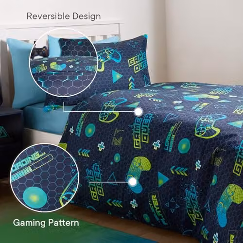 OHS Reversible Gaming Duvet Cover Set with Pillowcase in Green and Blue, Single Size, W/D/H: 135 x 200 cm and 50 x 75 cm – 3