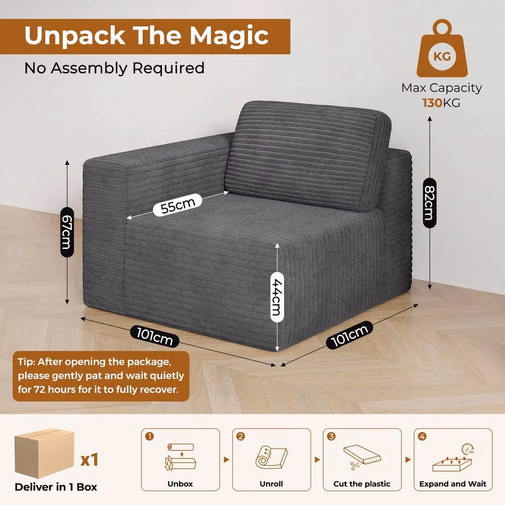 Dprodo Corduroy Modular Sofa Left Seat Only in Grey W/D/H: 101 x 101 x 82 cm – 2