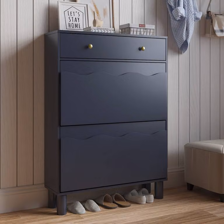 KEEPREAPER Modern Freestanding Blue Wood Shoe Cabinet with Tilting Compartments and Internal Shelves, H: 110 cm, W: 80 cm, D: 24 cm