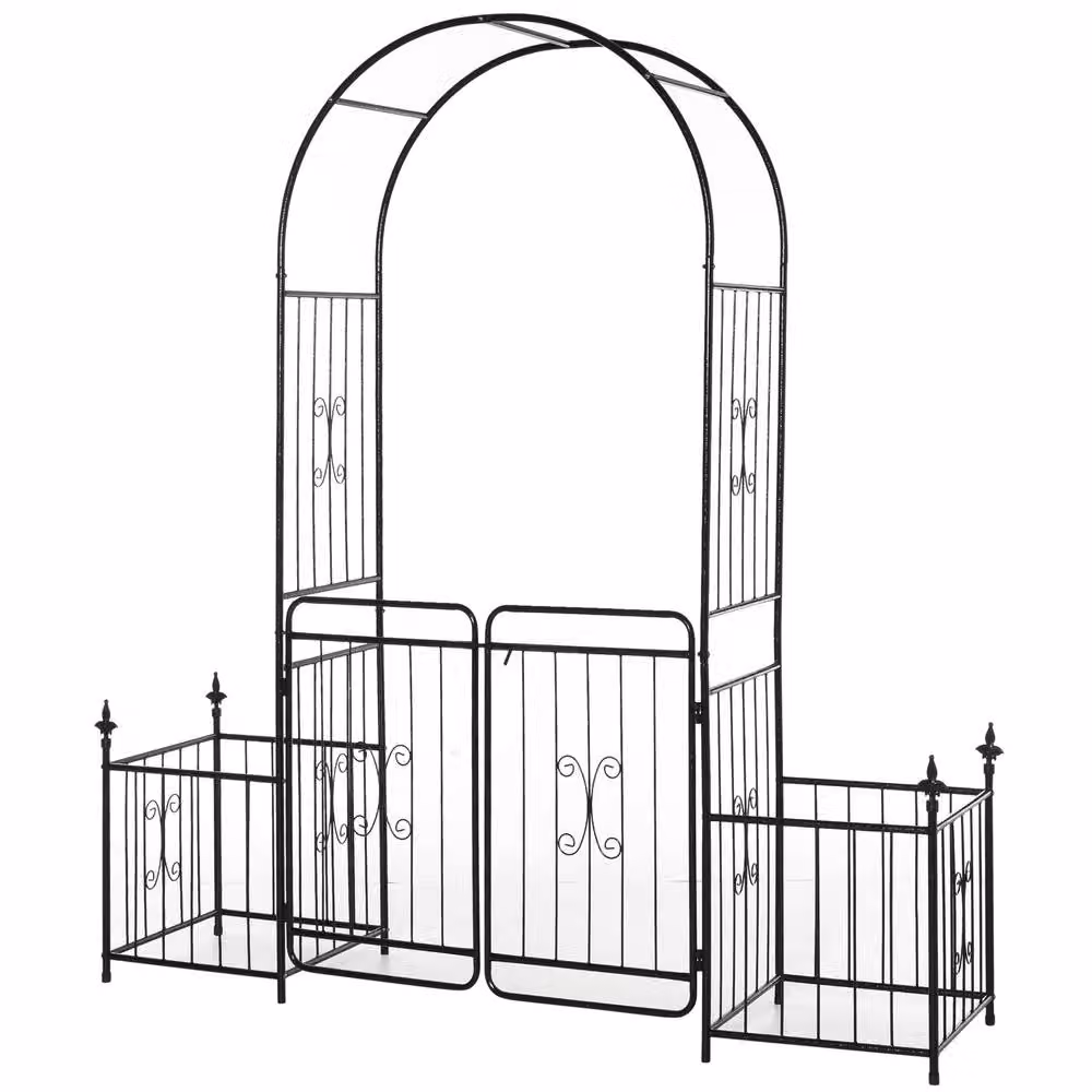 OUTSUNNY Metal Garden Arbor Arch Gate with 2 Side Planter Boxes and Vine Frame in Black – 2
