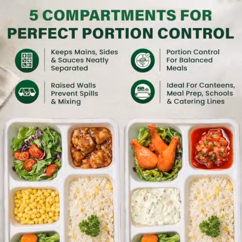 ECONX White 5 Compartment Deep Rectangle Bagasse Disposable Food Plates, 200 Pack – 7
