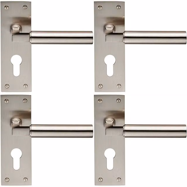 Loops 4x Pair Round Bar Handles with Slim Euro Lock Backplate, Satin Nickel, W: 150 mm x H: 50 mm