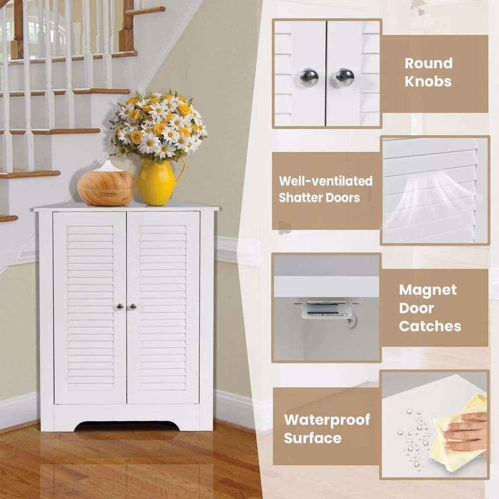 KORVIXA White Freestanding Corner Bathroom Storage Cabinet with Internal Shelves, W: 90 cm, H: 65 cm – 4