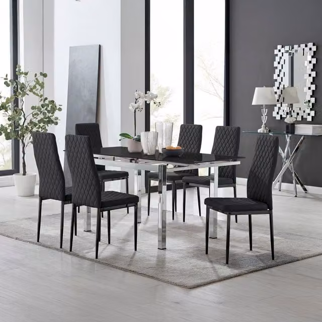 FurnitureboxUK Enna Black Glass Extending Rectangular Dining Table and 6 Milan Black Leg Chairs