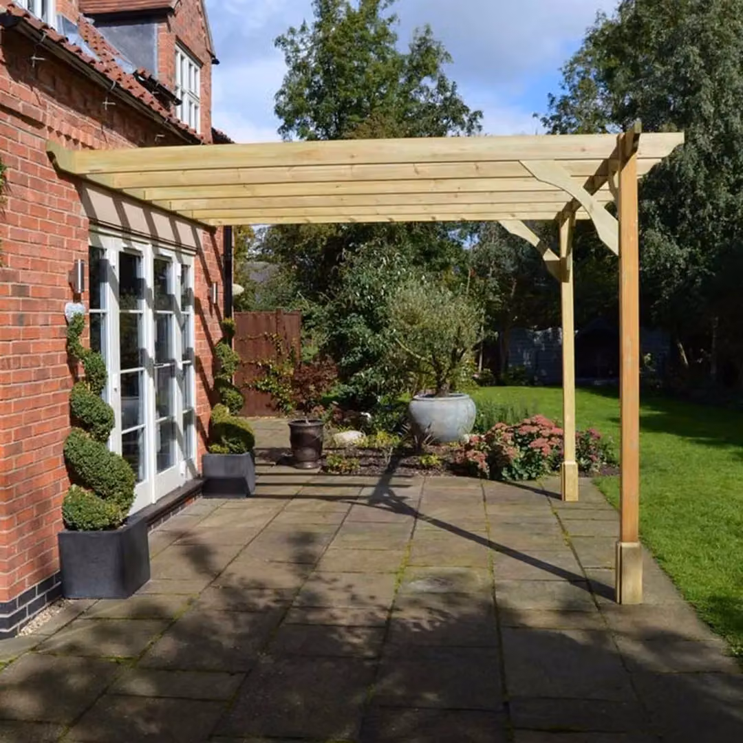 Rutland County Garden Furniture Ltd Wall Mounted Premium Lean-to Pergola in Wood, Rustic Brown and Light Green, W: 420 cm, D: 420 cm, H: 270 cm – 5