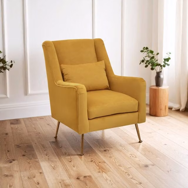 Fifty Five South Mid-Century Yellow Velvet Armchair with Gold Metal Legs