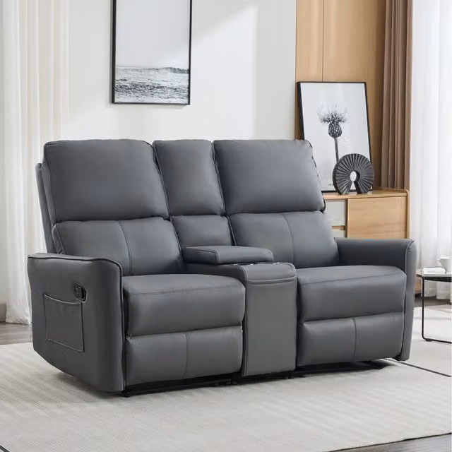 More4Homes Madrid 2 Seater Manual Air Leather Recliner Sofa with Home Cinema Console and Cup Holders, Grey, W: 161 cm, D: 102 cm, H: 95 cm