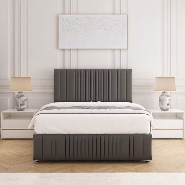 BSSPOKE Rosie Plush Velvet Double Divan Bed Set with 24 inch Headboard and Mattress in Grey, W/D/H: 140 x 200 cm