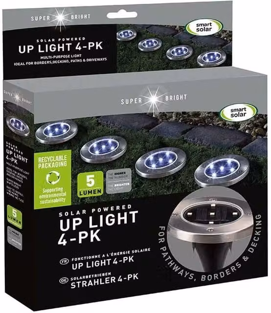 Pack of 4 Smart Solar Garden Up Lights in Stainless Steel Silver with Dusk Sensor