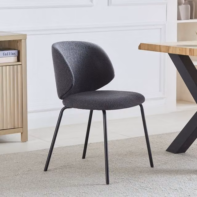 Artemis Home Set of 2 Minimalist Bouclé Fabric Dining Chairs in Grey and Black with Metal Legs