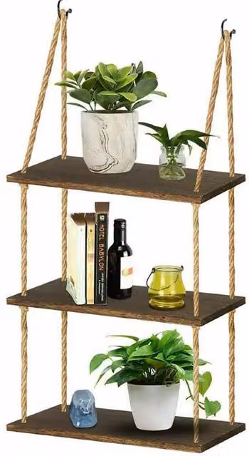 FLAVORA Rustic Brown Wood Rope Hanging Floating Wall Shelves