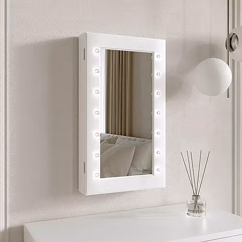 CARME Katie White Jewellery Storage Cabinet with Mirror and LED Lights, Wall Mounted or Tabletop Organiser for Bedroom and Bathroom