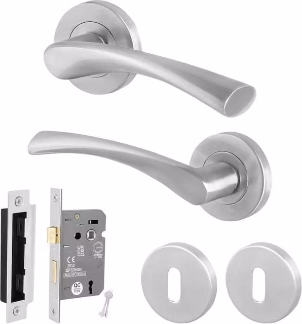 AFIT Satin Lock Door Handle Rose Set in Silver, 1 Pair, W/D/H: 15 x 15 x 1.5 cm – 1