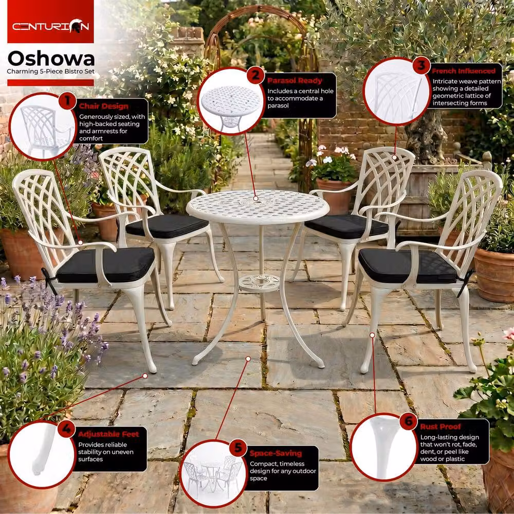 Centurion Supports OSHOWA 5-Piece Cast Aluminium Bistro Set with Round Table and 4 High-Back Armchairs in White with Black Cushions – 4