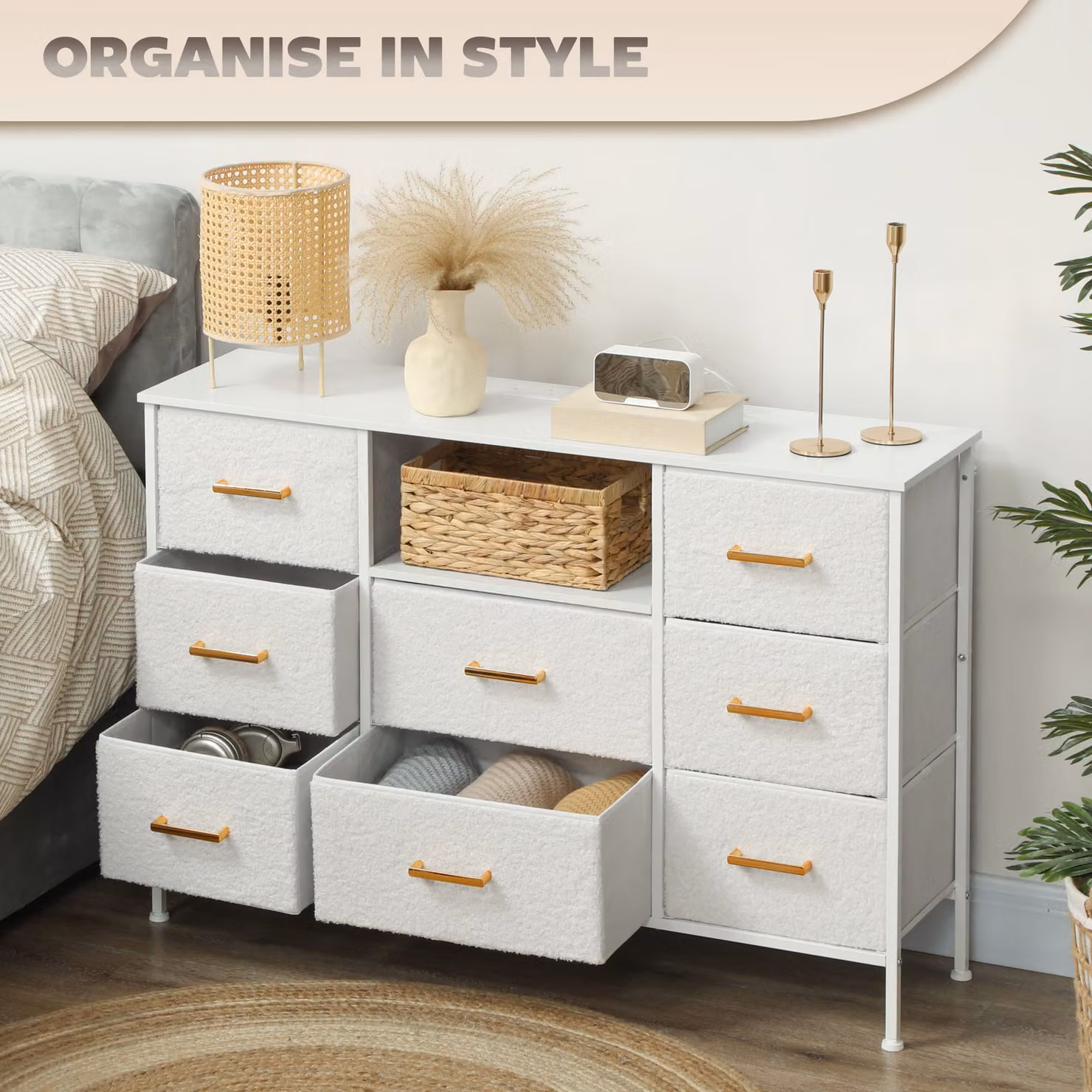 HOMCOM Boucle Chest of Drawers with 8 Fabric Drawers and Charging Station, Cream White and Gold – 2