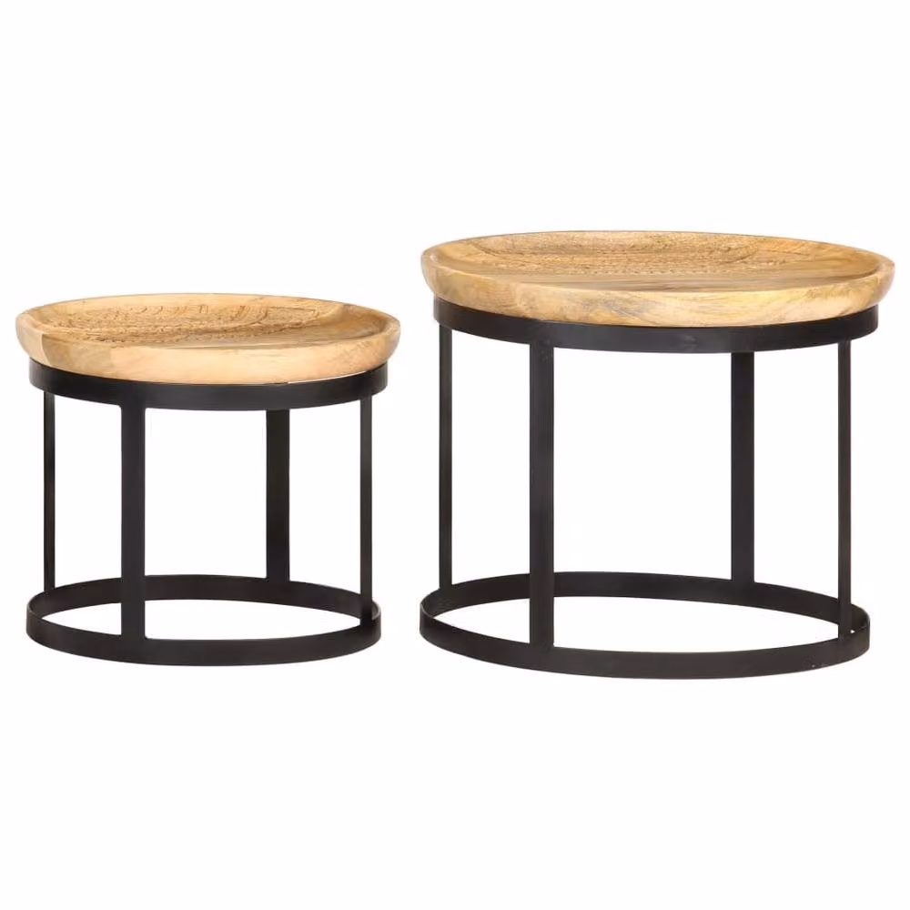Berkfield Home Set of 2 Round Side Tables in Brown Solid Mango Wood and Steel – 2
