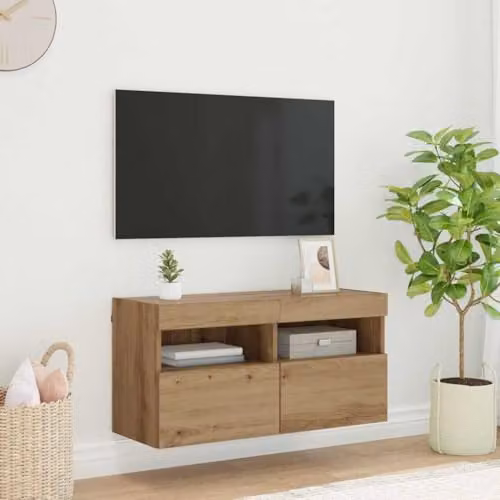 vidaXL Modern Wall-Mounted TV Cabinet in Oak with Integrated Lighting and Internal Shelves, W/D/H: 80 x 40 x 40 cm – 2