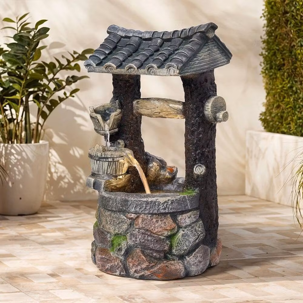 NESTLUNE Solar Wishing Well Water Fountain Outdoor Garden Water Feature, Grey, W: 100 cm, D: 15 cm – 3