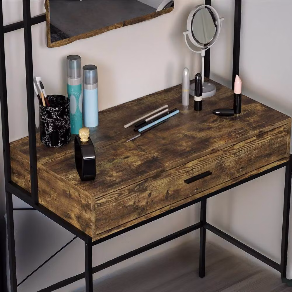 Pirlo Plush Industrial Dressing Table with Mirror in Brown, W/D/H: 150 x 40 x 83 cm – 2