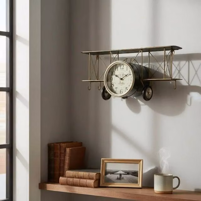 FORGEVIO Blue Retro Aeroplane Analogue Tabletop Desk Clock in Metal
