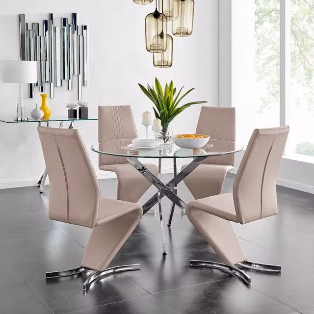 FurnitureboxUK Novara Round Glass Dining Table with 4 Willow Chairs in Cappuccino and Beige