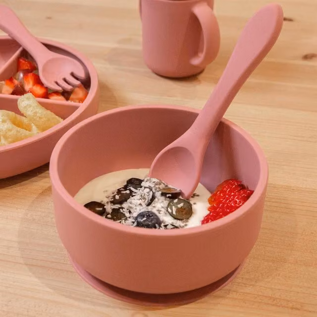 Tiny Dining Silicone Suction Cereal Bowl and Spoon Set in Pink
