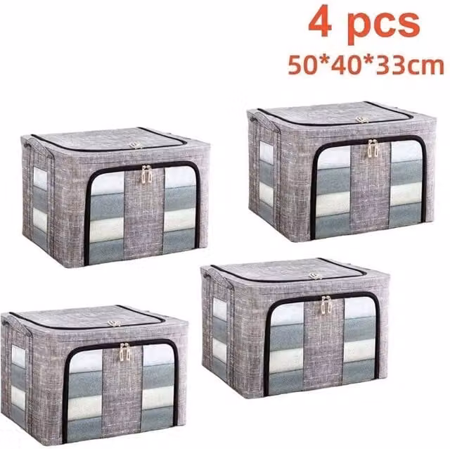Nordara 4-Piece Grey Folding Storage Box Set with Steel Frame and Handles, 66L Capacity