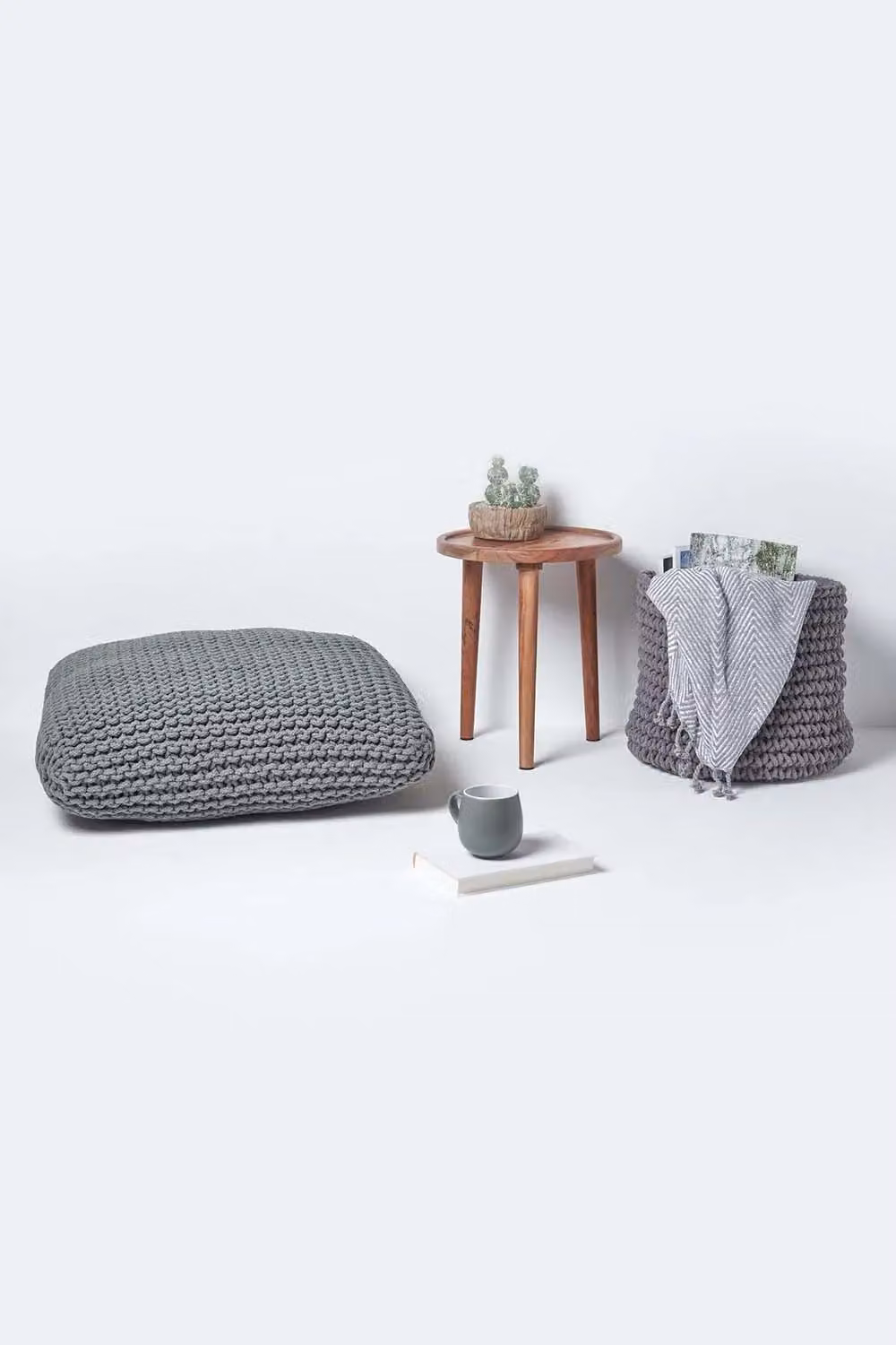 Homescapes Square Cotton Knitted Pouffe Floor Cushion in Grey – 4