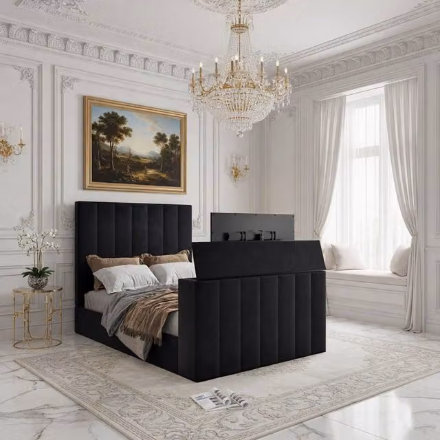 KDMD Ardley Bespoke Upholstered Velvet Bed Frame with Lift Up Base, Black, W/D/H: 180 x 152 x 159 cm