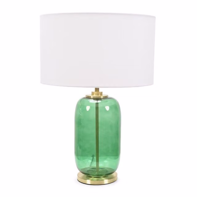 ValueLights Leigh Table Lamp with White Fabric Drum Shade, Forest Green Glass and Gold Trim