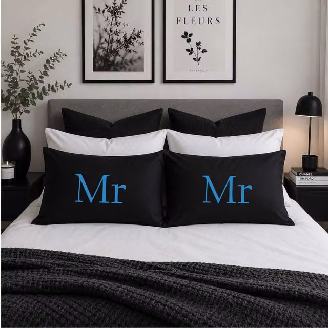 60 Second Makeover Mr & Mr Cotton Pillowcases in Black and Blue