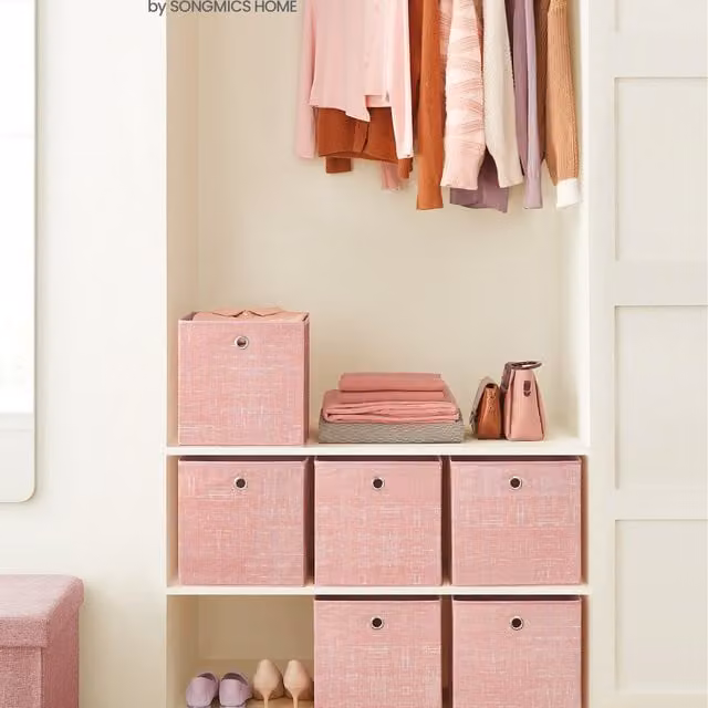 SONGMICS Set of 6 Foldable Non-Woven Fabric Storage Boxes with Handles, Pink and Beige, W/D/H: 30 x 30 x 27 cm
