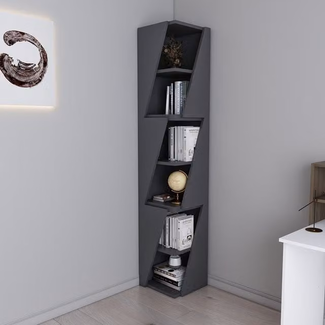 Decorotika Arrow 6-Tier Corner Bookcase in Anthracite Grey, H 165.0 x W 31.8 x D 31.8 cm