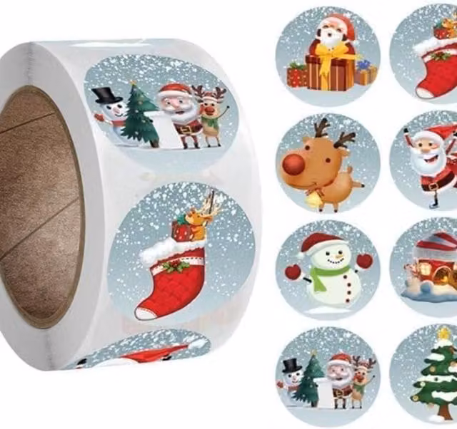 Syntego Roll of 500 Cartoon Christmas Stickers in Blue and Multicolour