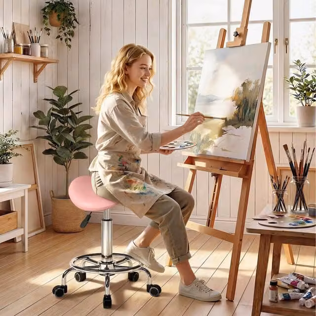 HOMCOM Adjustable Rolling Saddle Stool Salon Chair in Pink