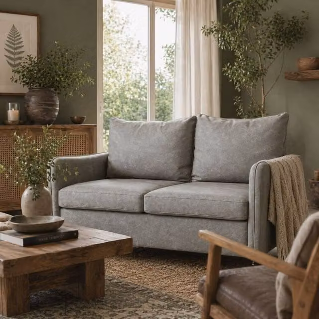 Wyld Haus Yodilo Grey Faux Leather 2 Seater Sofa with Marble Effect and Wood Legs W/D/H: 135 x 85 x 74 cm