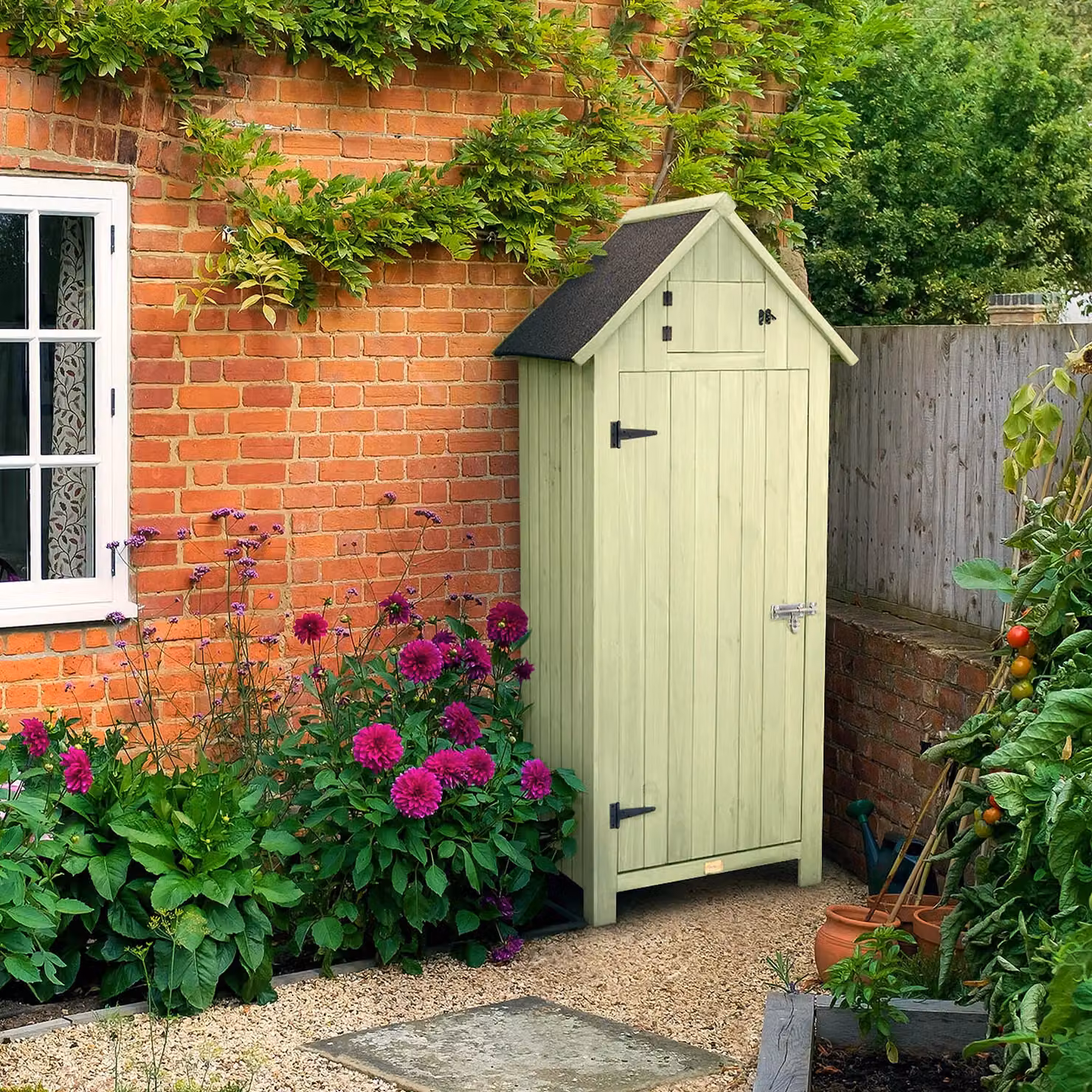 Christow Green Wooden Slim Garden Storage Shed with Lockable Single Door and Shelving, H: 179.5 cm, W: 54.2 cm, D: 77.5 cm – 2