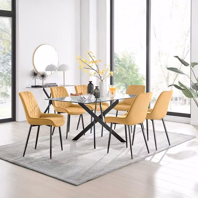 FurnitureboxUK Leonardo Glass Dining Table with 6 Pesaro Mustard Chairs